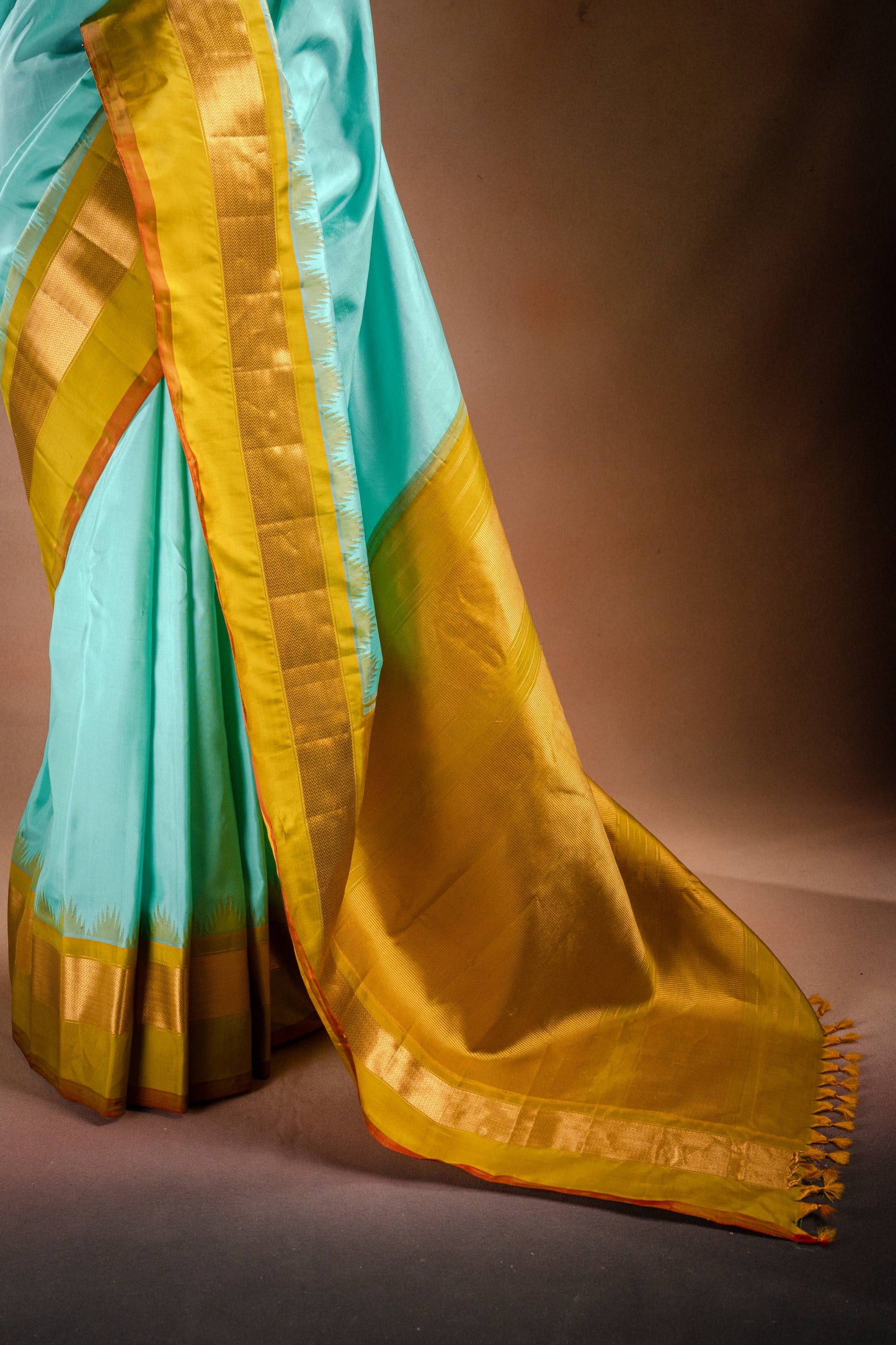 Gadwal Silk Aqua Blue with Mustard Border Saree