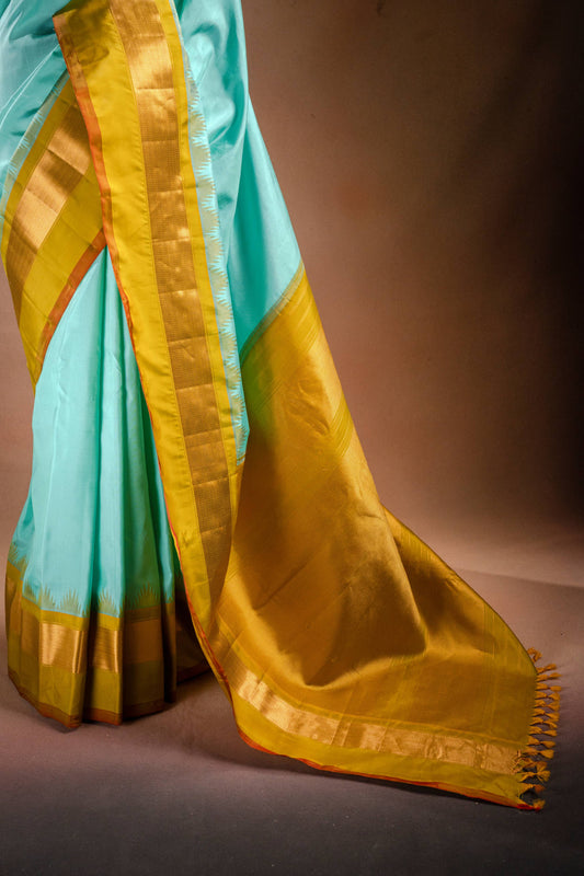 Gadwal Silk Aqua Blue with Mustard Border Saree