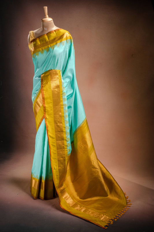 Gadwal Silk Aqua Blue with Mustard Border Saree