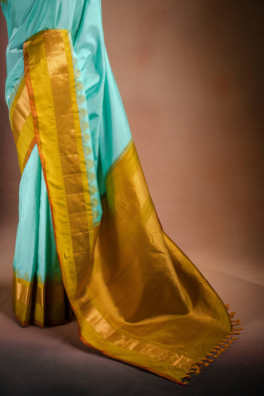 Gadwal Silk Aqua Blue with Mustard Border Saree
