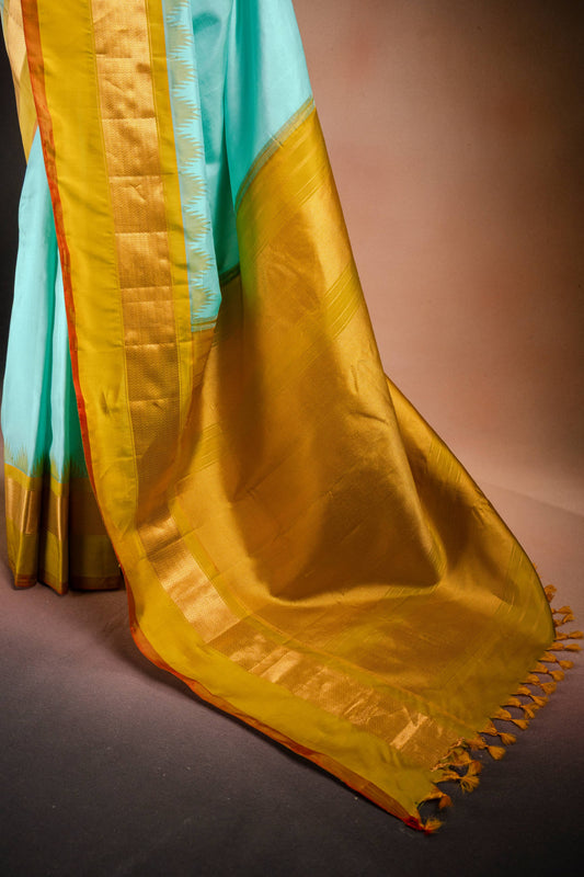 Gadwal Silk Aqua Blue with Mustard Border Saree