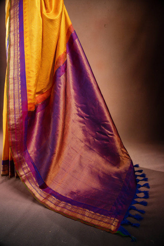 Gadwal Silk Yellow with Purple Border Saree