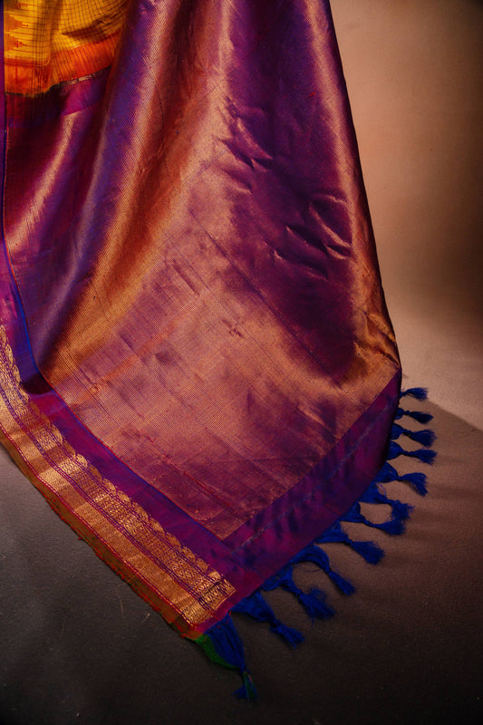 Gadwal Silk Yellow with Purple Border Saree