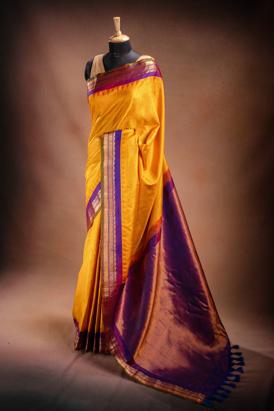 Gadwal Silk Yellow with Purple Border Saree
