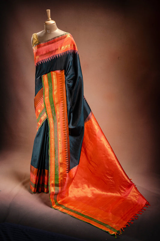 Gadwal Silk Black with Orange Border Saree