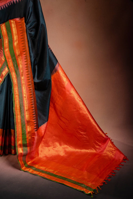 Gadwal Silk Black with Orange Border Saree