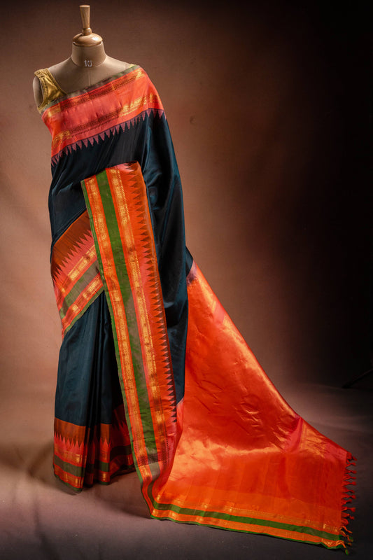 Gadwal Silk Black with Orange Border Saree