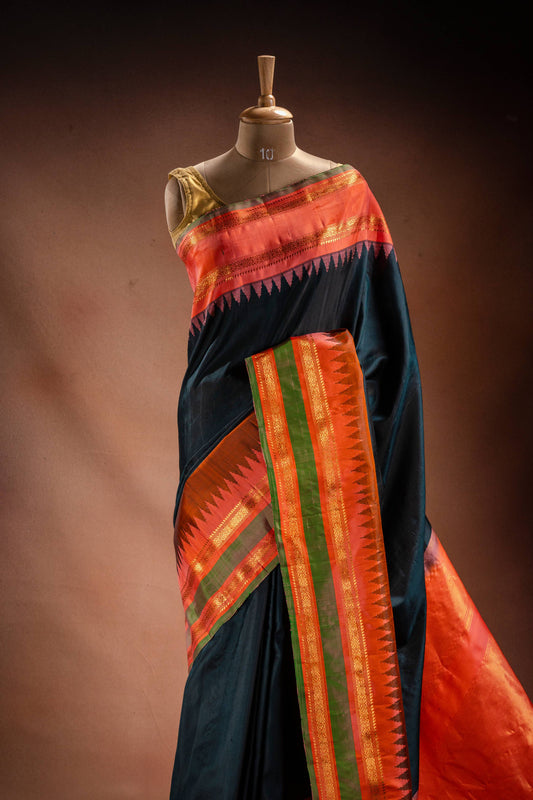 Gadwal Silk Black with Orange Border Saree