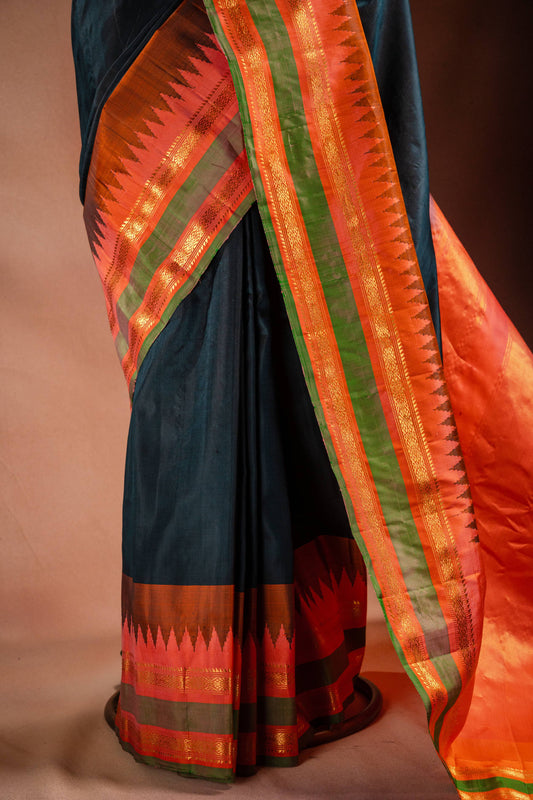 Gadwal Silk Black with Orange Border Saree