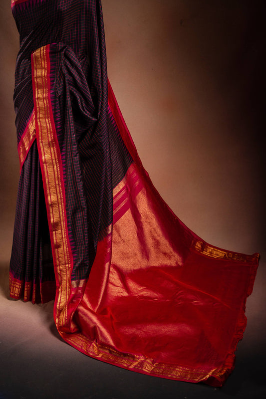 Gadwal Silk Black with Red Checked Saree