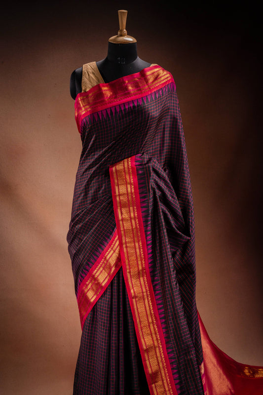 Gadwal Silk Black with Red Checked Saree