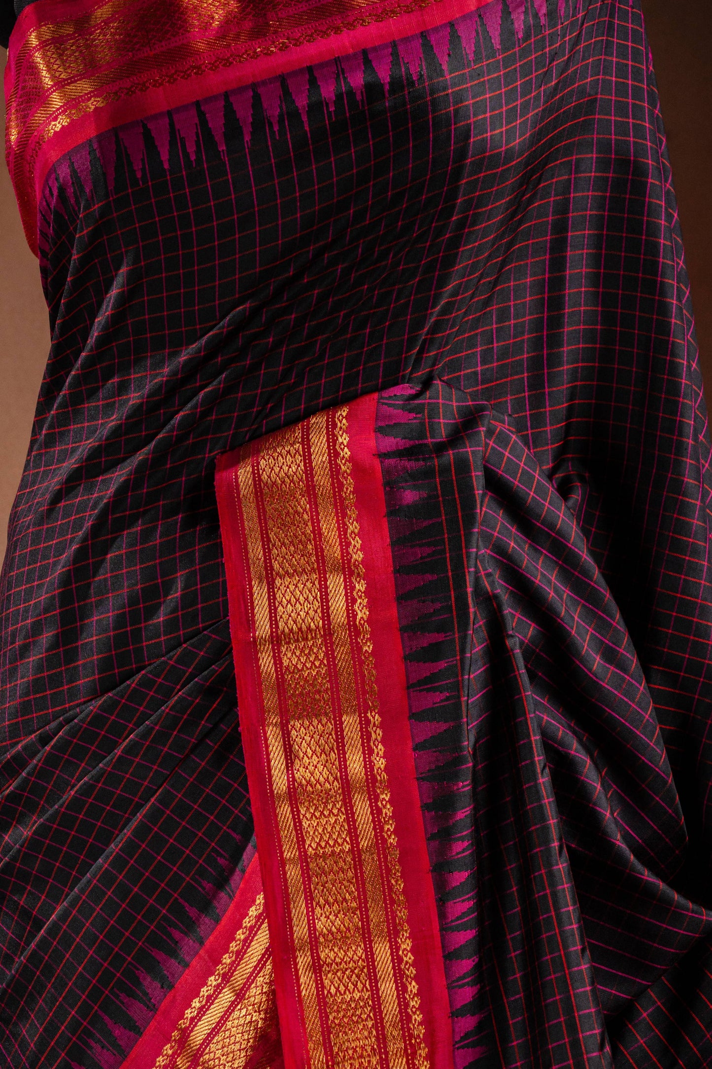 Gadwal Silk Black with Red Checked Saree