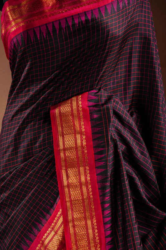 Gadwal Silk Black with Red Checked Saree