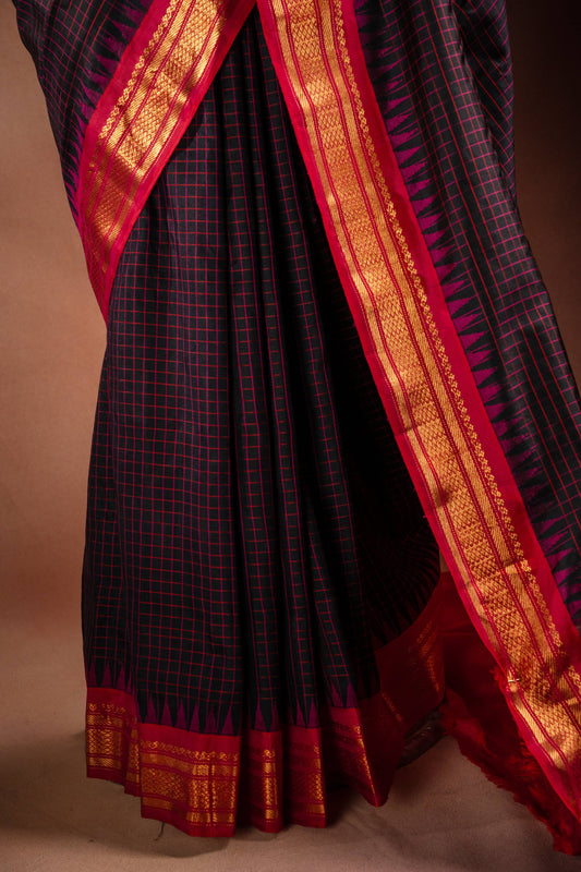 Gadwal Silk Black with Red Checked Saree