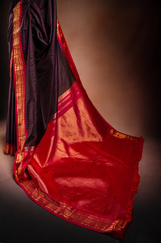 Gadwal Silk Black with Red Checked Saree