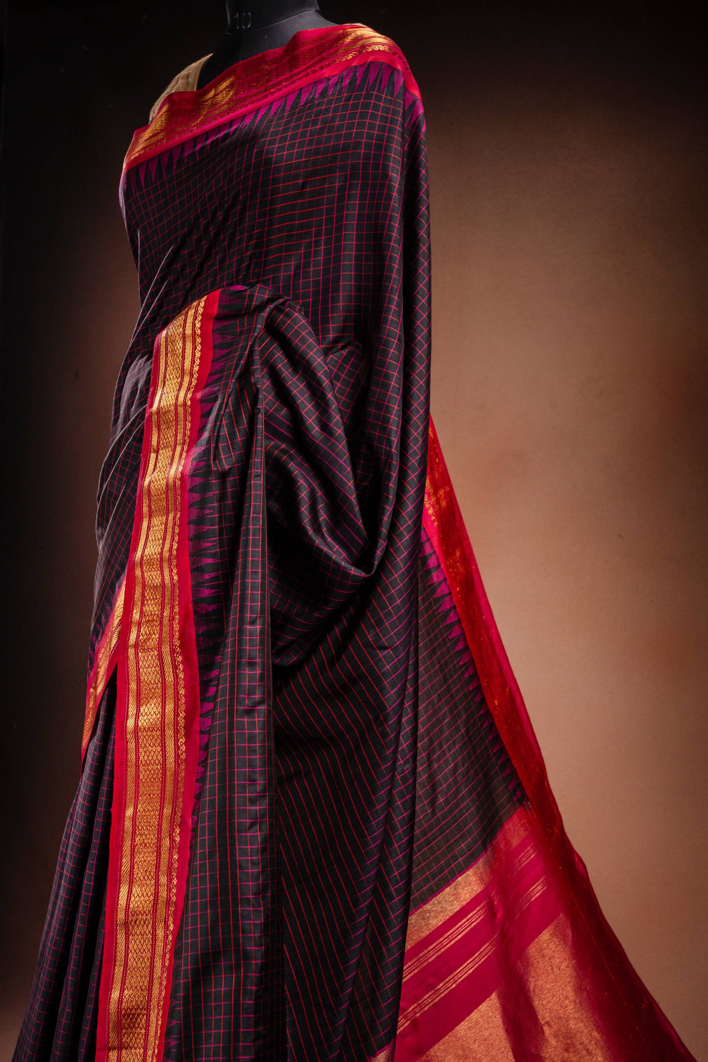 Gadwal Silk Black with Red Checked Saree