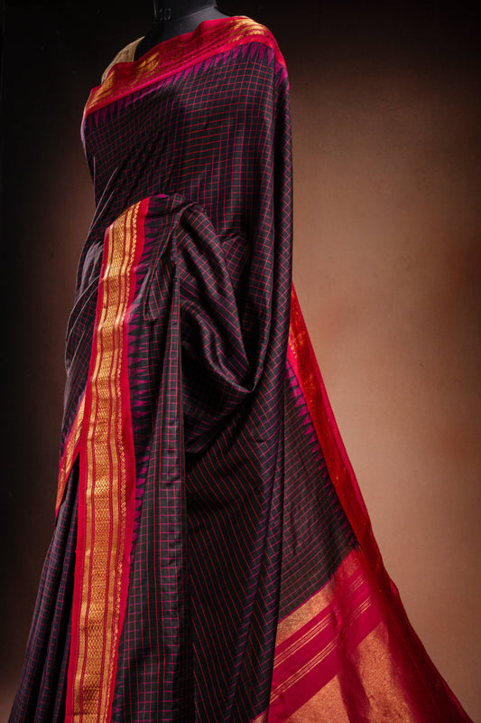 Gadwal Silk Black with Red Checked Saree
