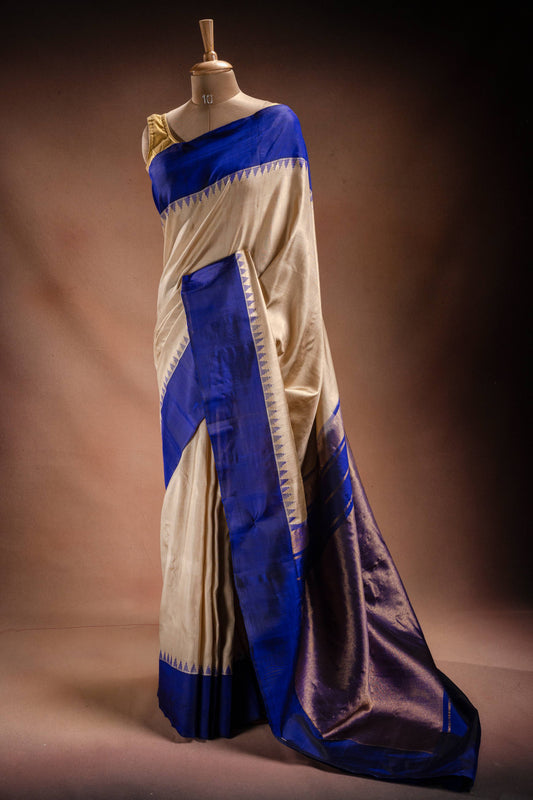 Gadwal Silk White with Blue Border Saree