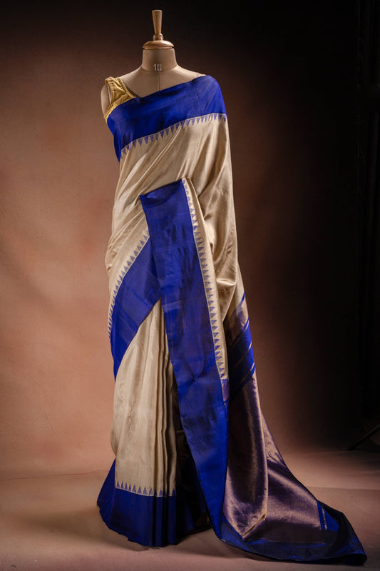 Gadwal Silk White with Blue Border Saree