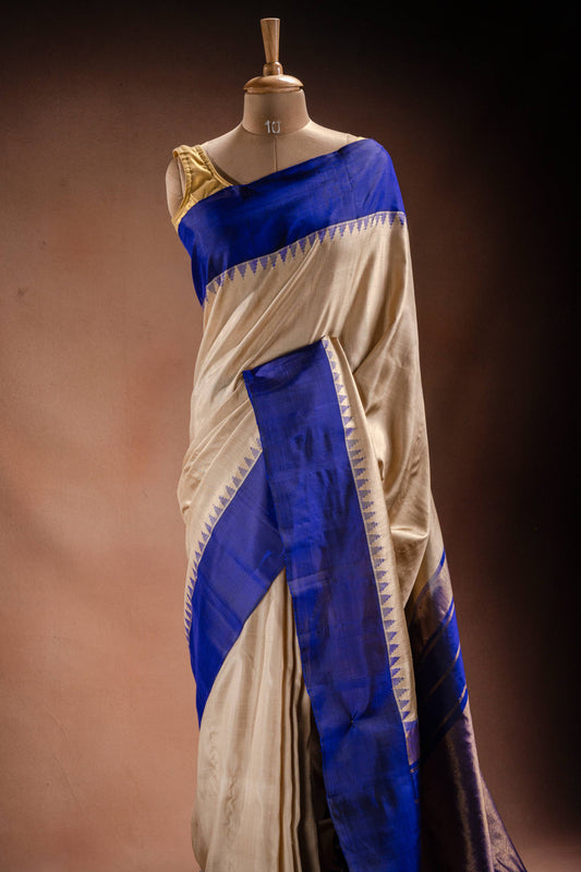 Gadwal Silk White with Blue Border Saree