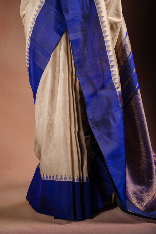 Gadwal Silk White with Blue Border Saree