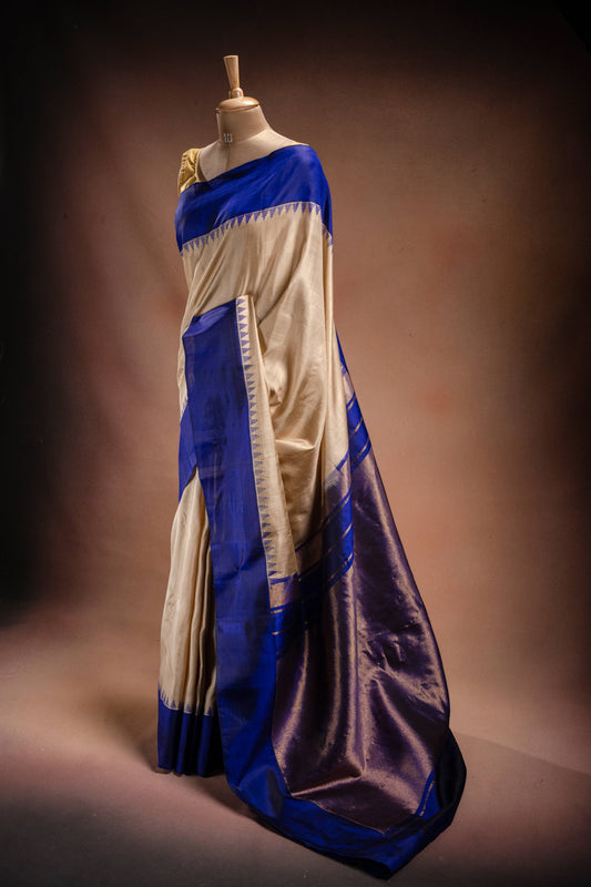 Gadwal Silk White with Blue Border Saree