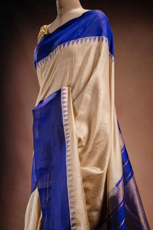 Gadwal Silk White with Blue Border Saree