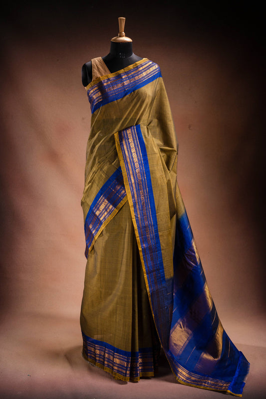 Olive Gadwal Cotton Mix Saree with Blue Border