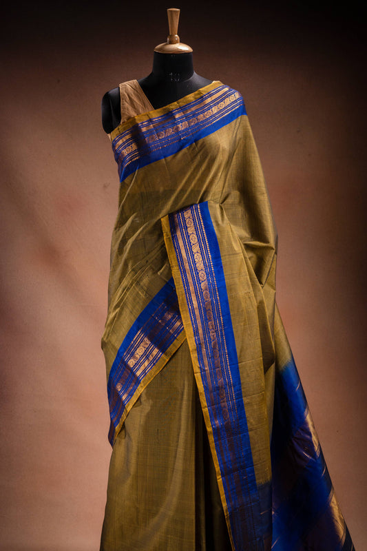 Olive Gadwal Cotton Mix Saree with Blue Border
