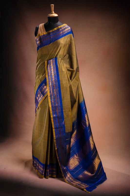 Olive Gadwal Cotton Mix Saree with Blue Border