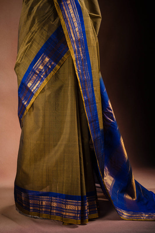 Olive Gadwal Cotton Mix Saree with Blue Border