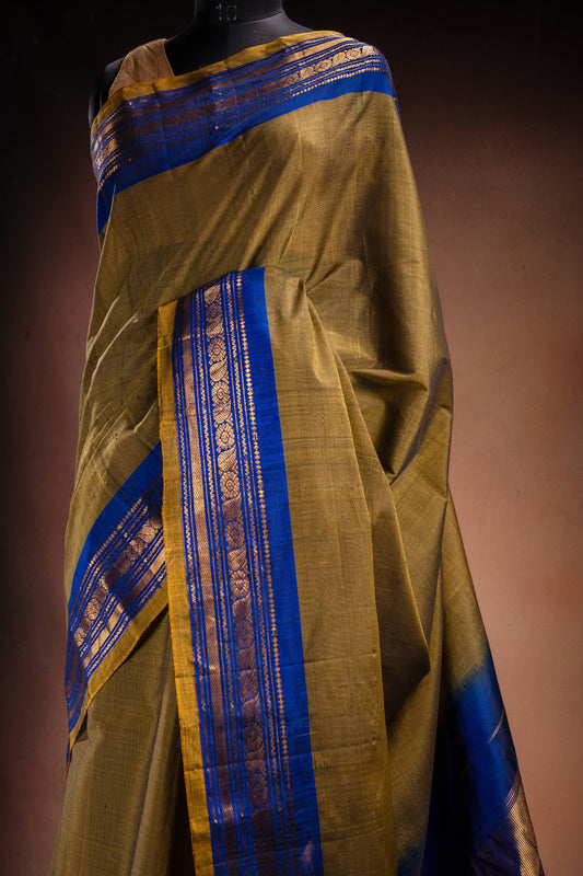 Olive Gadwal Cotton Mix Saree with Blue Border