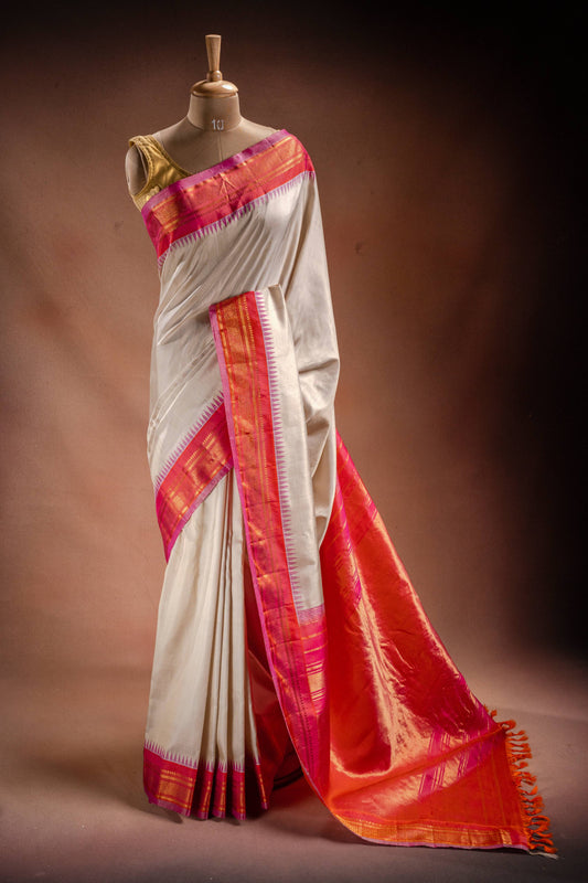 Gadwal Silk White with Orange and Pink Border Saree
