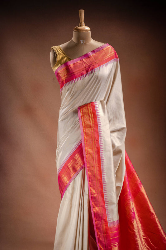Gadwal Silk White with Orange and Pink Border Saree
