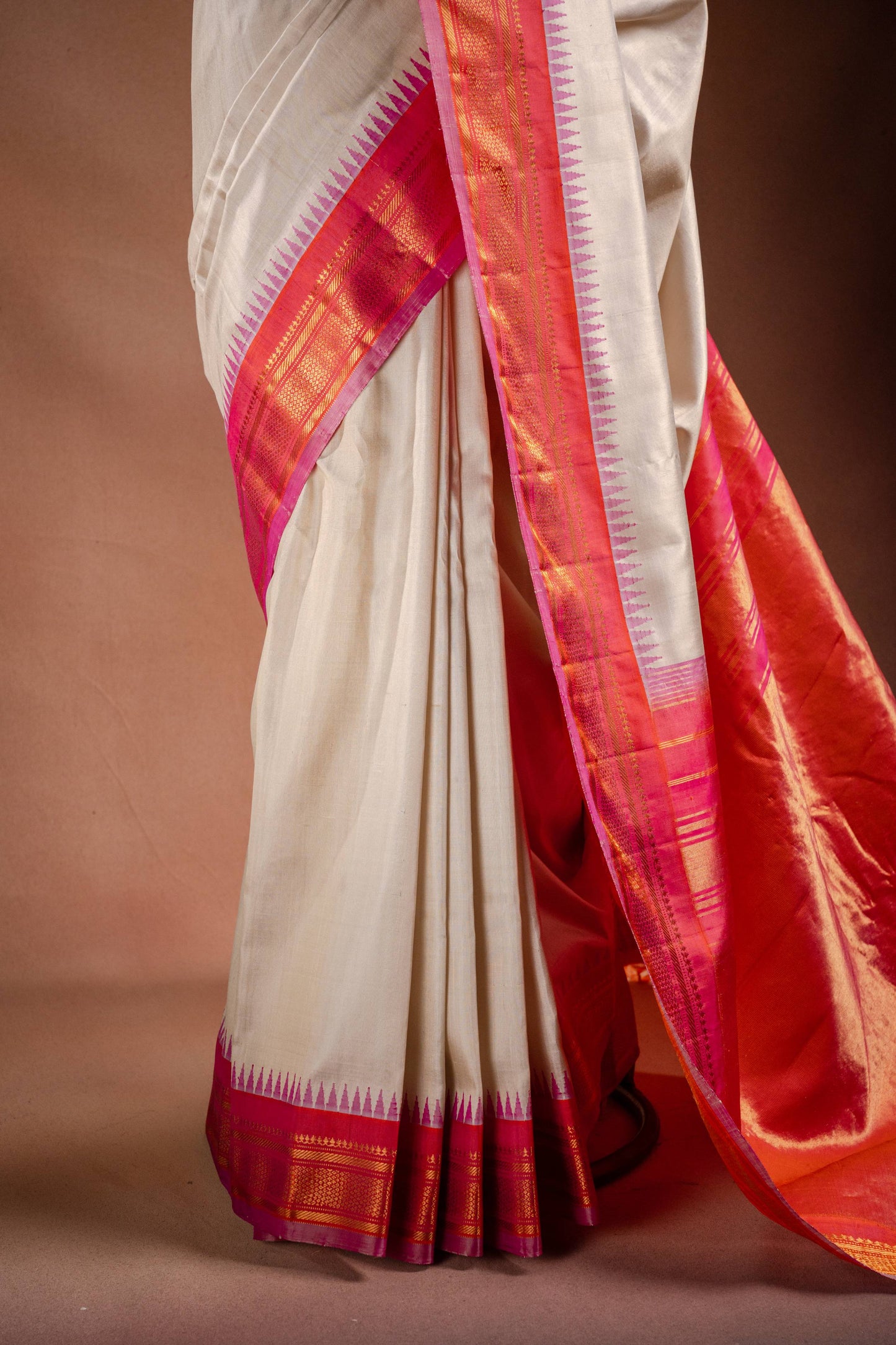 Gadwal Silk White with Orange and Pink Border Saree