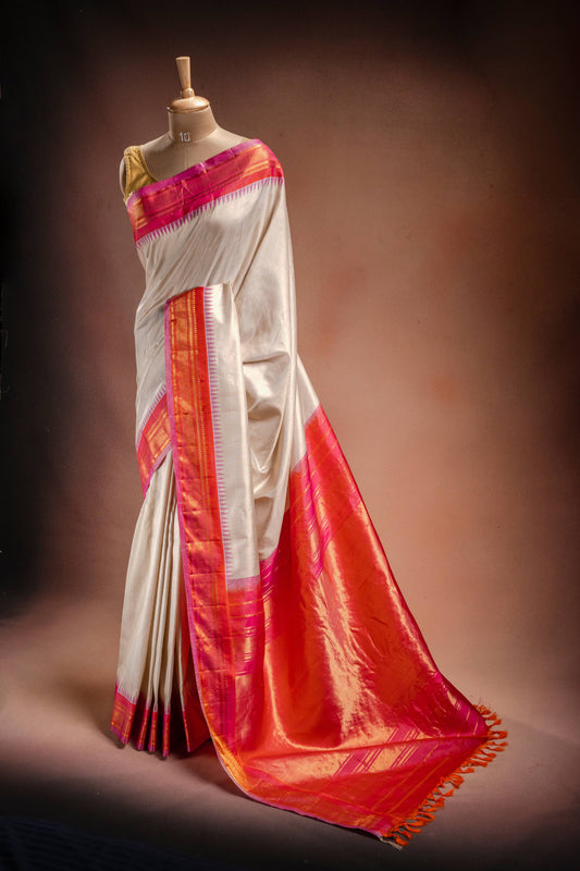 Gadwal Silk White with Orange and Pink Border Saree