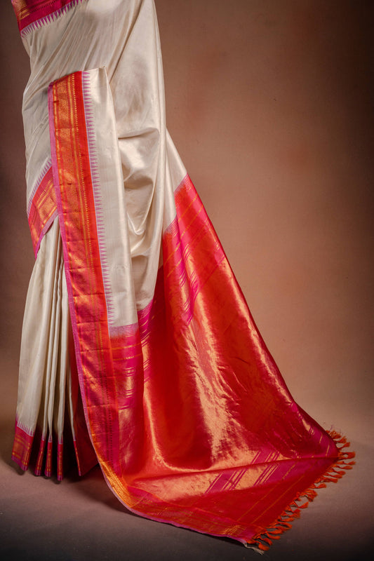 Gadwal Silk White with Orange and Pink Border Saree