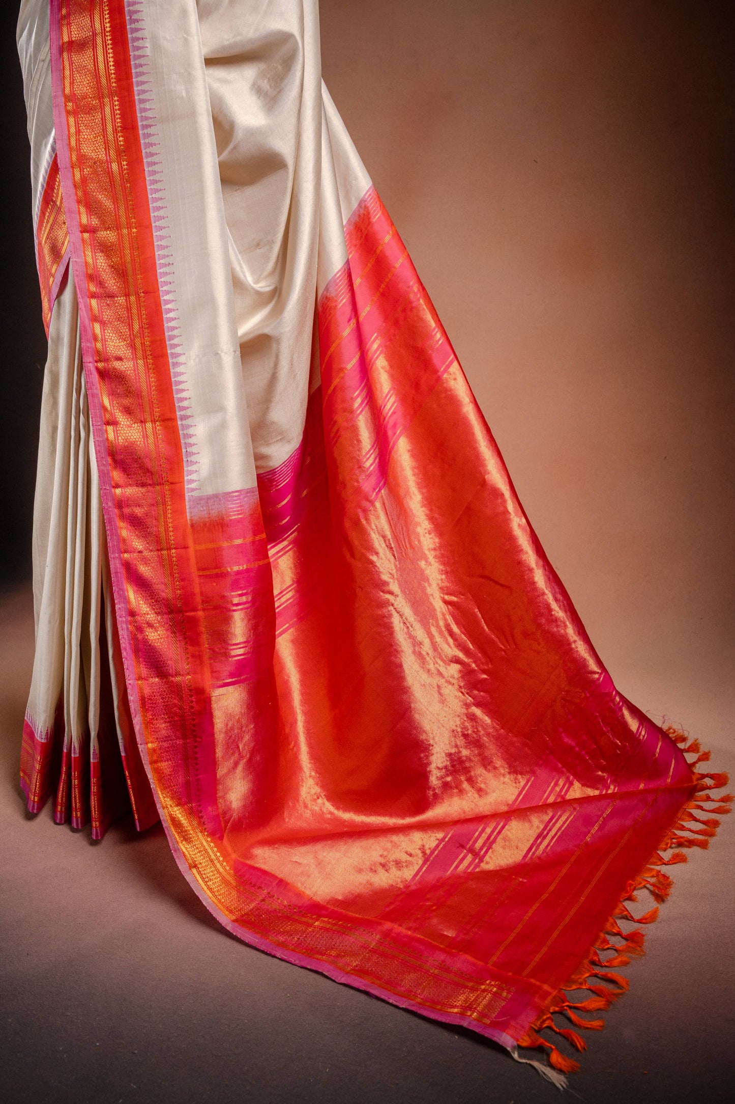 Gadwal Silk White with Orange and Pink Border Saree