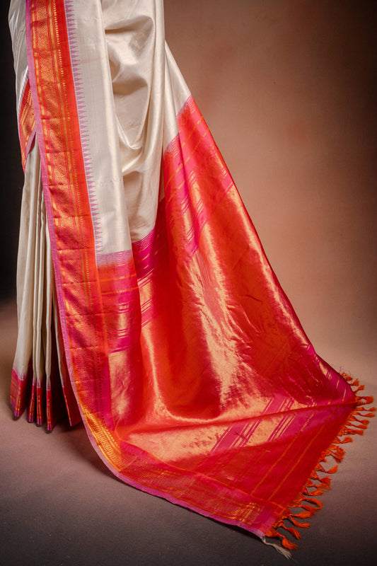 Gadwal Silk White with Orange and Pink Border Saree