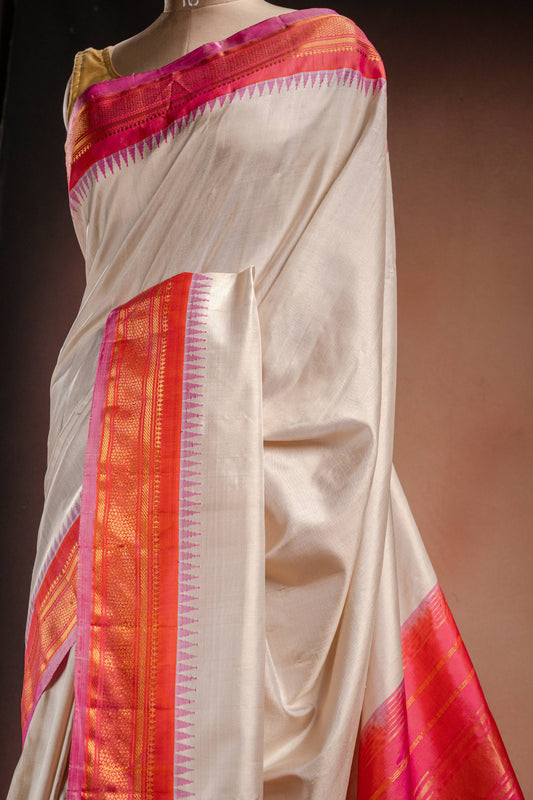 Gadwal Silk White with Orange and Pink Border Saree