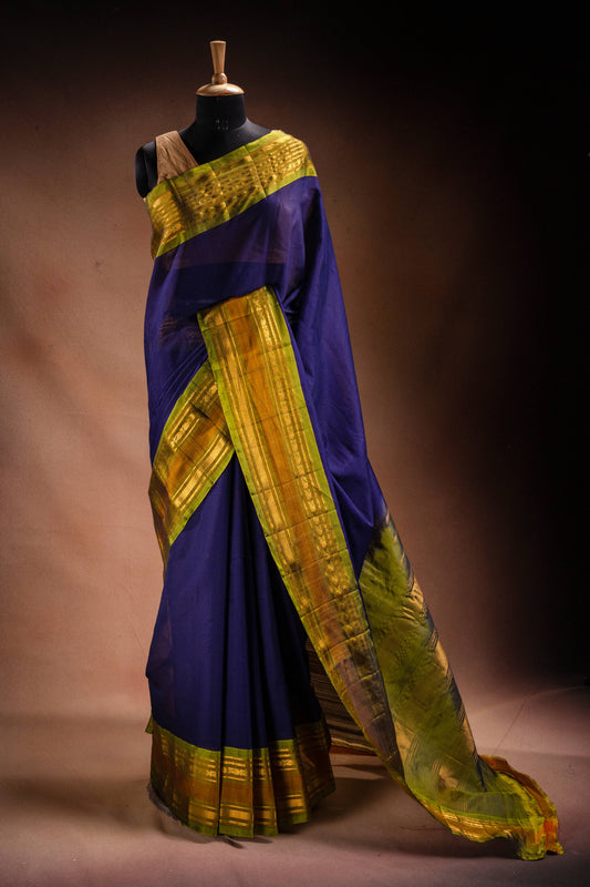Navy Blue Gadwal Cotton Mix Saree with Green Border