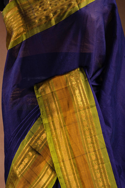 Navy Blue Gadwal Cotton Mix Saree with Green Border