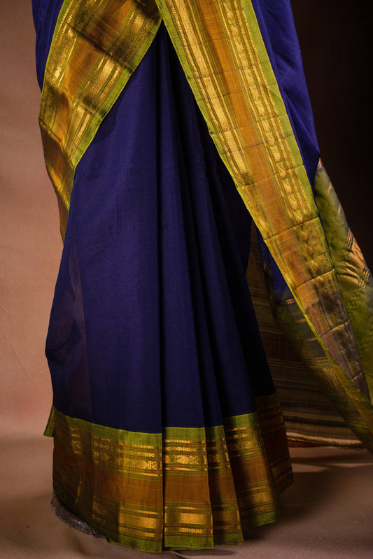 Navy Blue Gadwal Cotton Mix Saree with Green Border