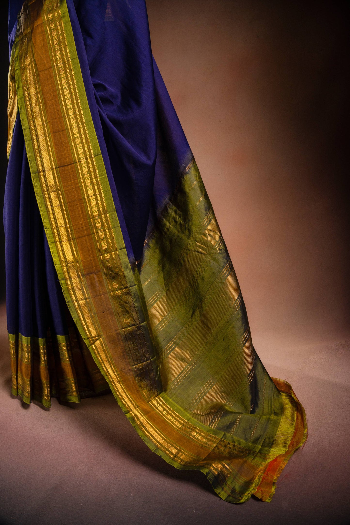 Navy Blue Gadwal Cotton Mix Saree with Green Border
