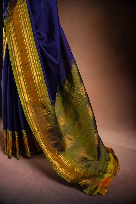 Navy Blue Gadwal Cotton Mix Saree with Green Border