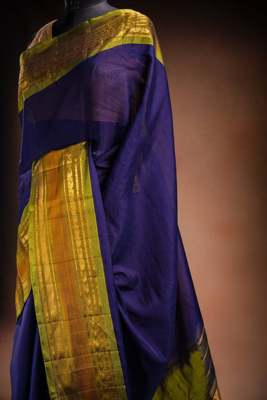 Navy Blue Gadwal Cotton Mix Saree with Green Border