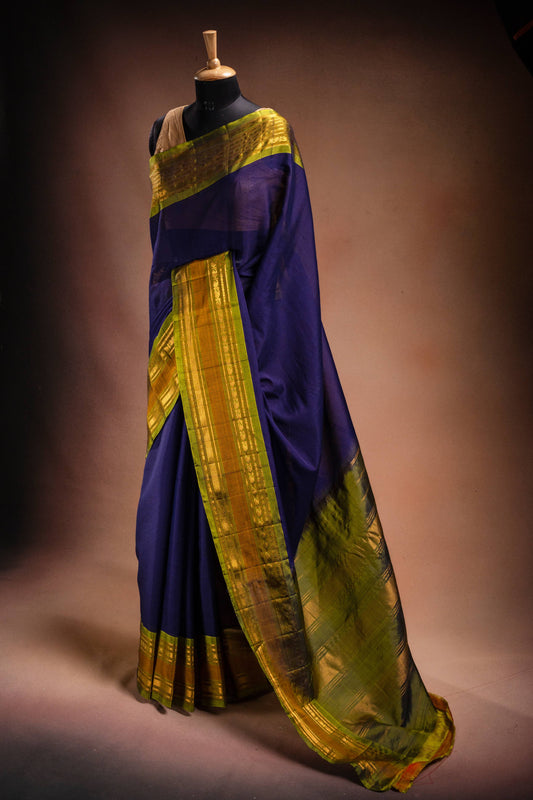 Navy Blue Gadwal Cotton Mix Saree with Green Border