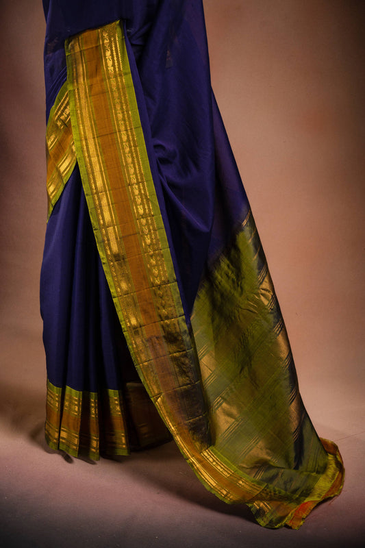 Navy Blue Gadwal Cotton Mix Saree with Green Border