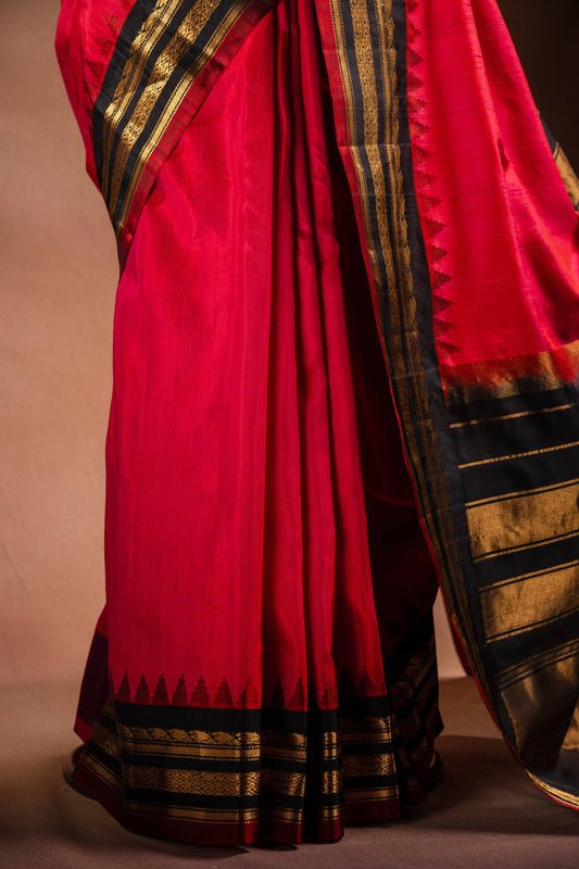 Gadwal Silk Red with Black Border Saree