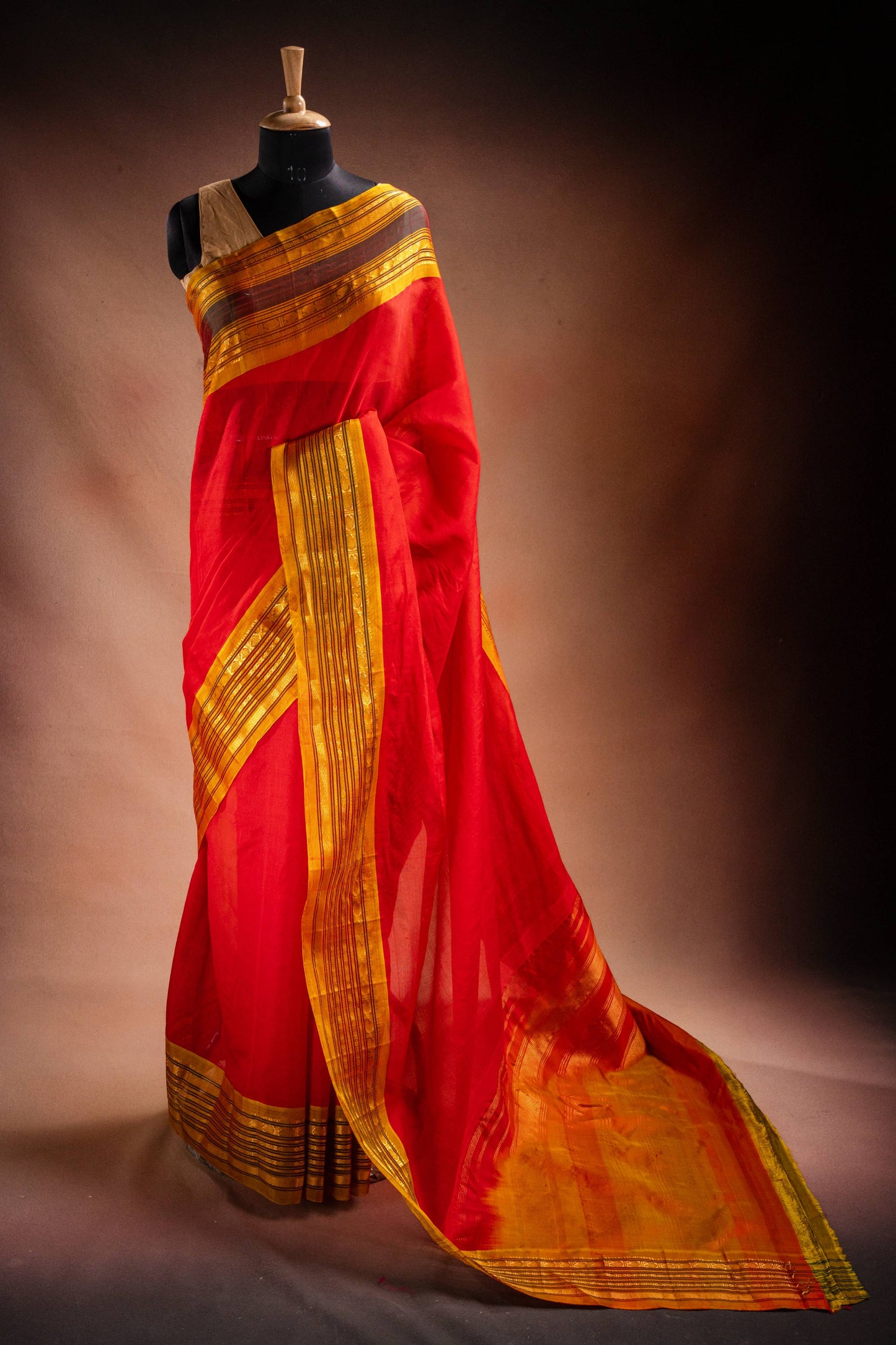 Red Gadwal Cotton Mix Saree with Yellow Border